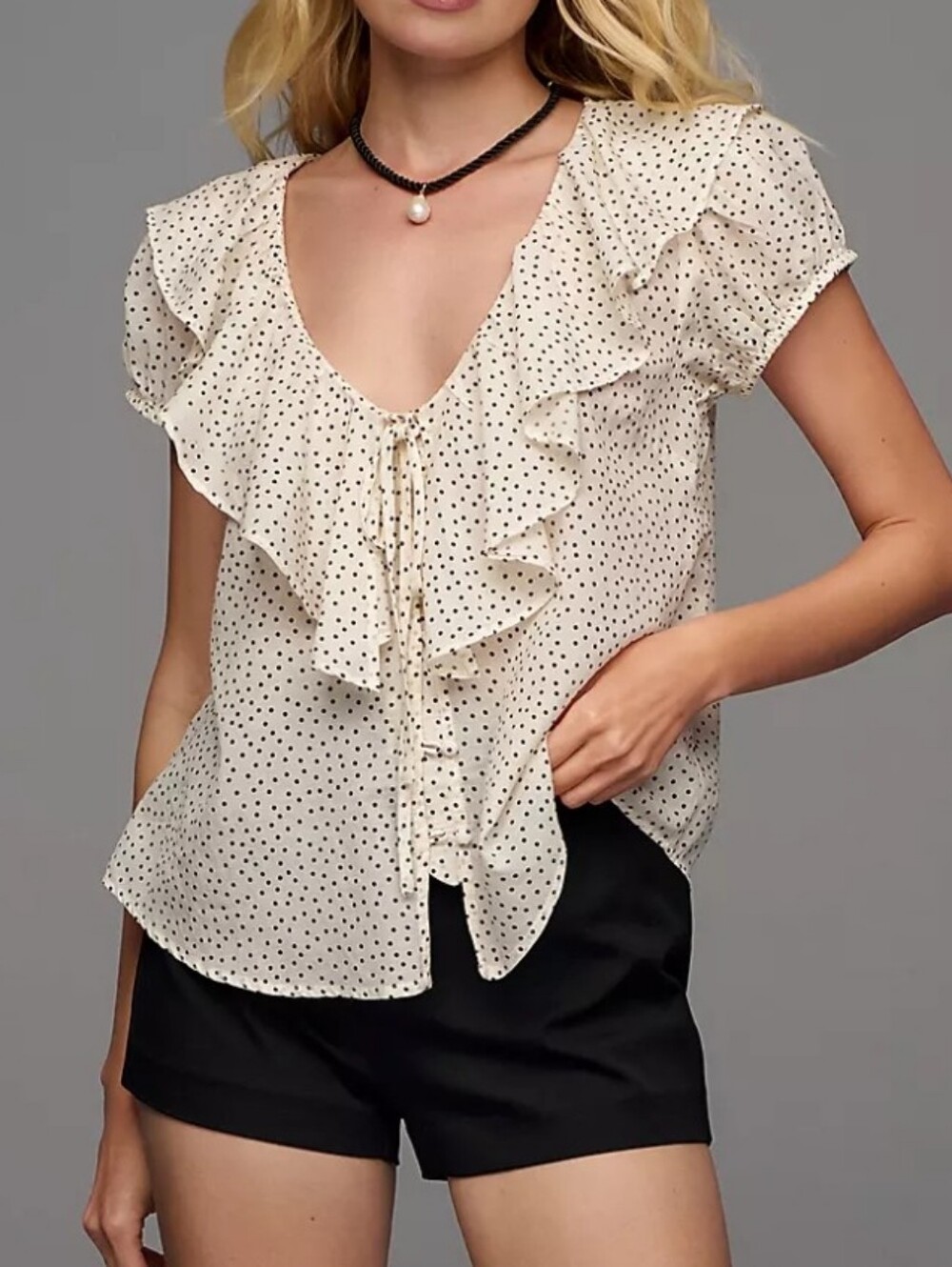 Maeve ruffled top with puff sleeves In White & Black Polkadot Size Small